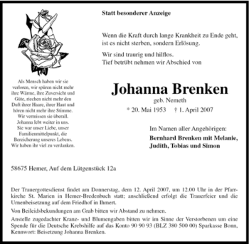Traueranzeige von Johanna Brenken von Tageszeitung