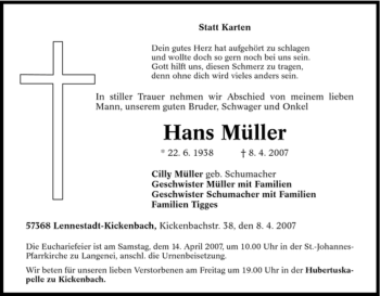 Traueranzeige von Hans Müller von Tageszeitung