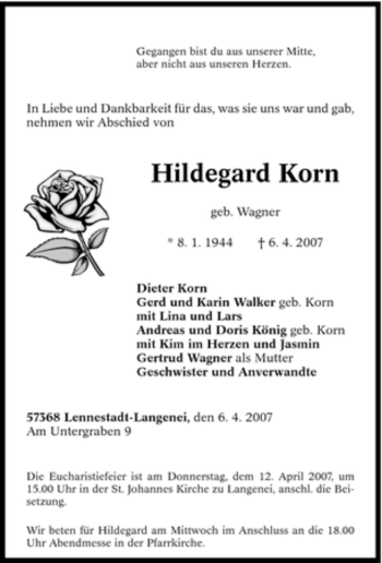 Traueranzeige von Hildegard Korn von Tageszeitung