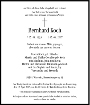 Traueranzeige von Bernhard Koch von Tageszeitung
