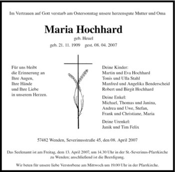 Traueranzeige von Maria Hochhard von Tageszeitung