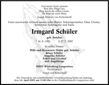 Traueranzeige von Irmgard Schüler von Tageszeitung