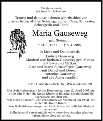Traueranzeige von Maria Gauseweg von Tageszeitung