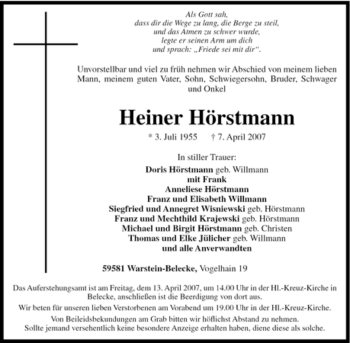 Traueranzeige von Heiner Hörstmann von Tageszeitung