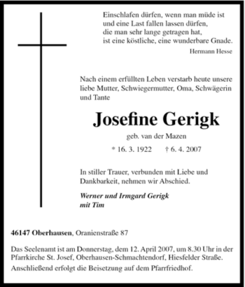 Traueranzeige von Josefi?ne Gerigk von Tageszeitung