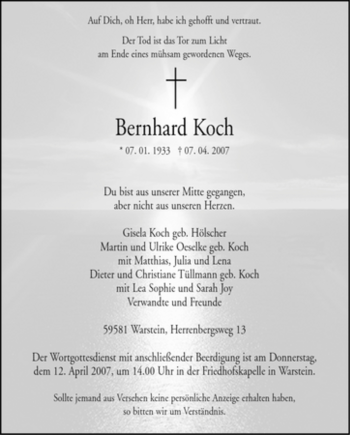 Traueranzeige von Bernhard Koch von Tageszeitung