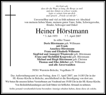 Traueranzeige von Heiner Hörstmann von Tageszeitung