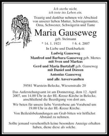 Traueranzeige von Maria Gauseweg von Tageszeitung