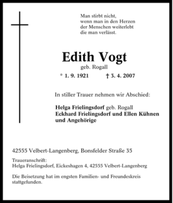 Traueranzeige von Edith Vogt von Tageszeitung