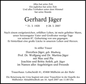 Traueranzeige von Gerhard Jäger von Tageszeitung