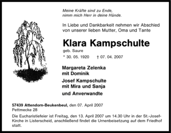 Traueranzeige von Klara Kampschulte von Tageszeitung