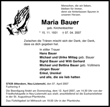 Traueranzeige von Maria Bauer von Tageszeitung