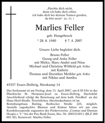 Traueranzeige von Marlies Feller von Tageszeitung