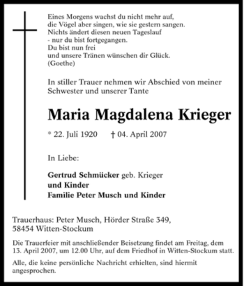 Traueranzeige von Maria Magdalena Krieger von Tageszeitung