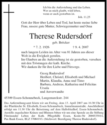 Traueranzeige von Therese Rudersdorf von Tageszeitung