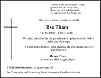 Traueranzeige von Ilse Tham von Tageszeitung