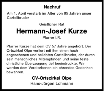 Traueranzeige von Hermann-Josef Kurze von Tageszeitung