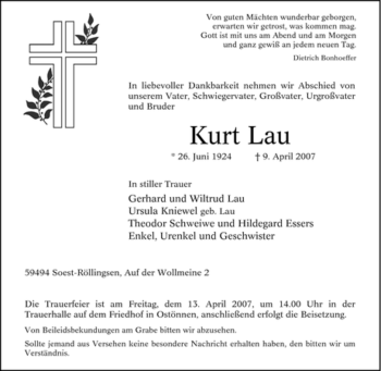 Traueranzeige von Kurt Lau von Tageszeitung