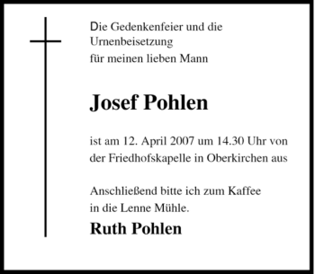 Traueranzeige von Josef Pohlen von Tageszeitung