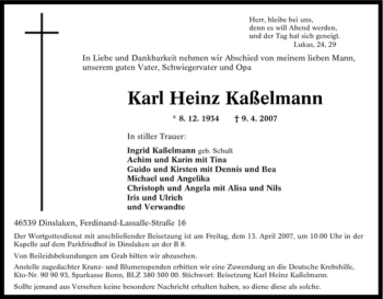 Traueranzeige von Karl Heinz Kaßelmann von Tageszeitung