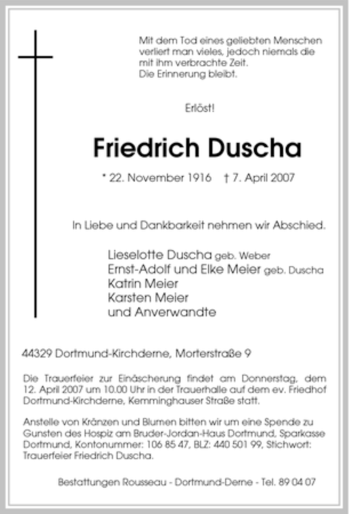 Traueranzeige von Friedrich Duscha von Tageszeitung
