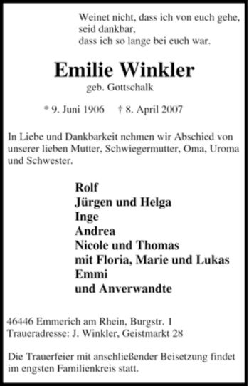 Traueranzeige von Emilie Winkler von Tageszeitung