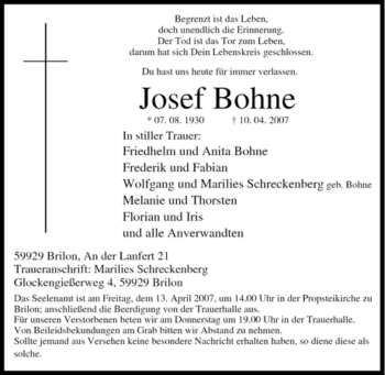Traueranzeige von Josef Bohne von Tageszeitung