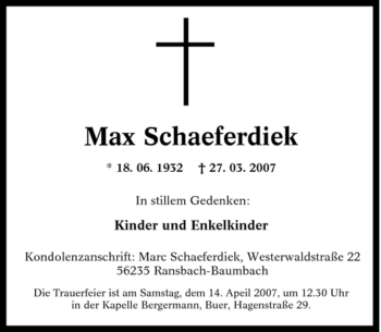 Traueranzeige von Max Schaeferdiek von Tageszeitung