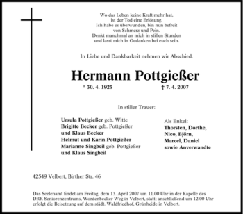 Traueranzeige von Hermann Pottgießer von Tageszeitung