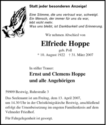 Traueranzeige von Elfriede Hoppe von Tageszeitung