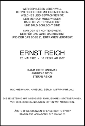 Traueranzeige von Ernst Reich von Tageszeitung