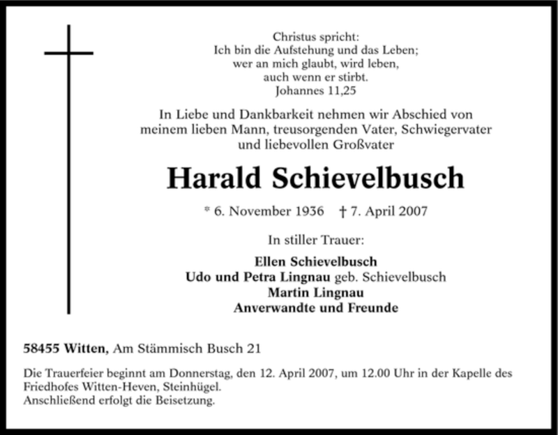  Traueranzeige für Harald Schievelbusch vom 11.04.2007 aus Tageszeitung