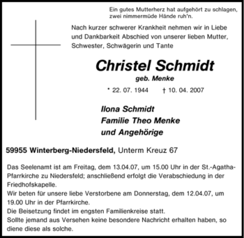 Traueranzeige von Christel Schmidt von Tageszeitung