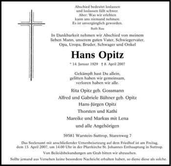 Traueranzeige von Hans Opitz von Tageszeitung