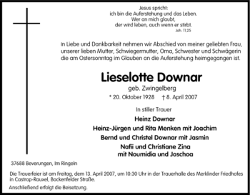 Traueranzeige von Lieselotte Downar von Tageszeitung