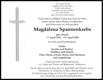 Traueranzeige von Magdalena Spannenkrebs von Tageszeitung