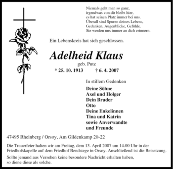 Traueranzeige von Adelheid Klaus von Tageszeitung