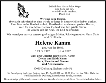 Traueranzeige von Helene Kamm von Tageszeitung