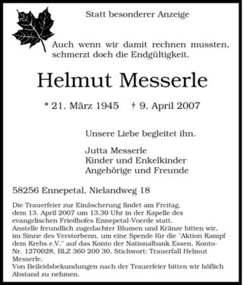 Traueranzeige von Helmut Messerle von Tageszeitung