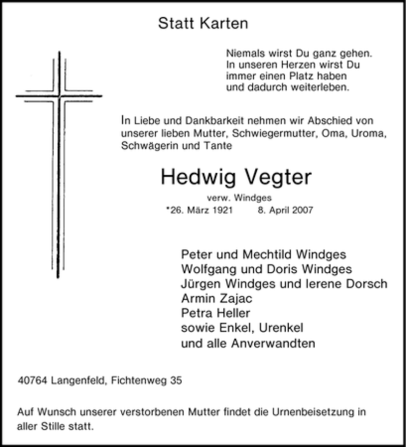  Traueranzeige für Hedwig Vegter vom 11.04.2007 aus Tageszeitung