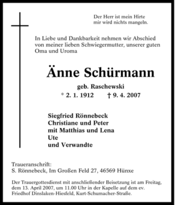 Traueranzeige von Änne Schürmann von Tageszeitung