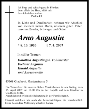 Traueranzeige von Arno Augustin von Tageszeitung