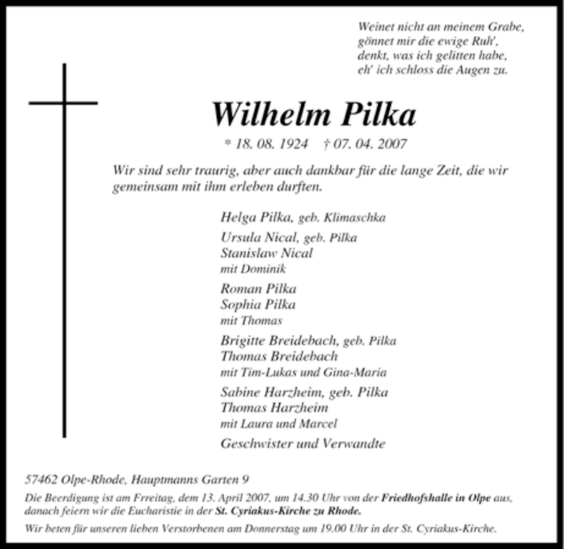  Traueranzeige für Wilhelm Pilka vom 11.04.2007 aus Tageszeitung