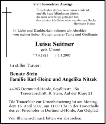 Traueranzeige von Luise Seitner von Tageszeitung