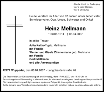 Traueranzeige von Heinz Mellmann von Tageszeitung