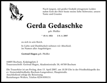 Traueranzeige von Gerda Gedaschke von Tageszeitung