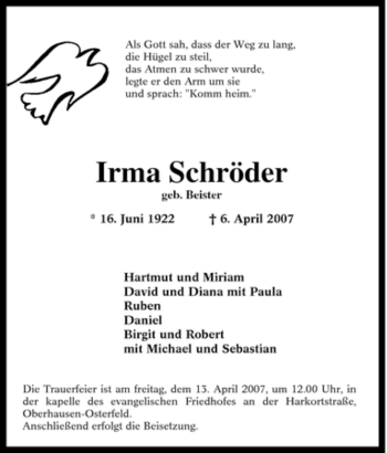 Traueranzeige von Irma Schröder von Tageszeitung