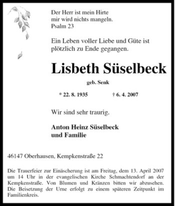Traueranzeige von Lisbeth Süselbeck von Tageszeitung