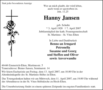 Traueranzeige von Hanny Jansen von Tageszeitung