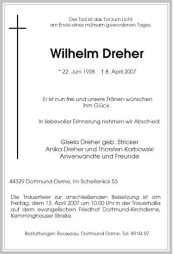 Traueranzeige von Wilhelm Dreher von Tageszeitung